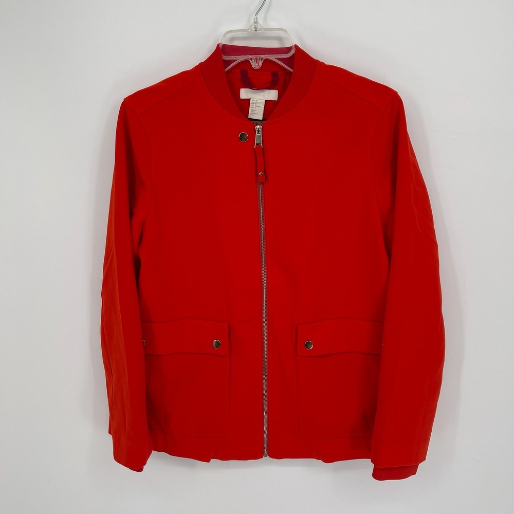 H&M Women's Red Full Zip Stretch Oversized‎ Bomber Lightweight Jacket Size 8
